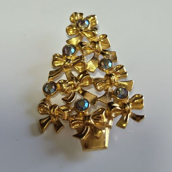 Avon Jewelry - Vintage Avon Christmas Tree Bow Brooch Blue AB Rhinestones Gold Tone Pin